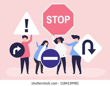 Character illustration of people with traffic sign icons