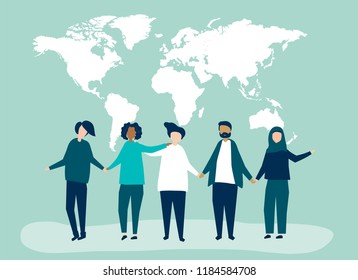Ilustração de personagens de pessoas com uma ilustração de mapa mundial