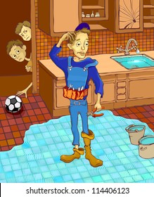 character illustration of plumber in the kitchen