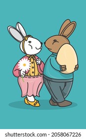 Character illustration of a rabbit man and his bunny woman walking together in a happy mood on a blue background