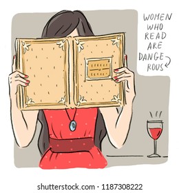 Character illustration with reading girl, woman, book and red wine, motivation quotes