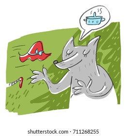 Character illustration with red cap and wolf
