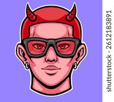 Character illustration of a red-haired male with devil horns and glasses. Suitable for modern fantasy, games, or alternative visual content.