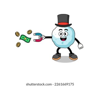 Character Illustration of snowball catching money with a magnet , character design