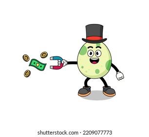 Character Illustration of spotted egg catching money with a magnet , character design