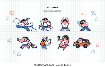 Character illustration stickers for people going on summer vacation