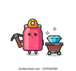 Character Illustration of strawberry jam as a miner , cute design