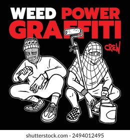 character illustration for street art graffiti poster template with example text of weed power graffiti crew on black background