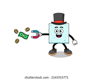 Character Illustration of sugar cube catching money with a magnet , character design