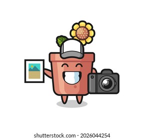 Character Illustration of sunflower pot as a photographer , cute style design for t shirt, sticker, logo element