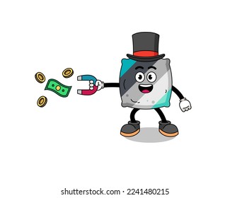 Character Illustration of throw pillow catching money with a magnet , character design