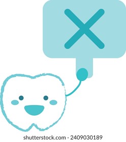 Character illustration of a tooth holding a cross tag blue