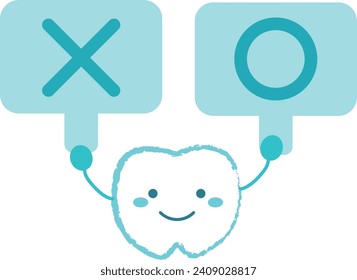 Character illustration of a tooth holding a Marubatsu bill blue