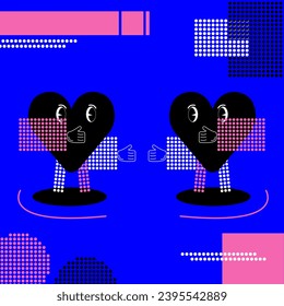 Ilustración de caracteres - dos corazones ruidosos abrazándose. Gráficos de visualización de puntos