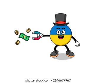 Character Illustration of ukraine flag catching money with a magnet , character design