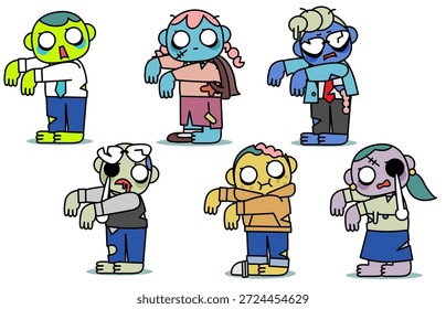 Una ilustración de personaje de varios tipos de zombies de pie uno al lado del otro.