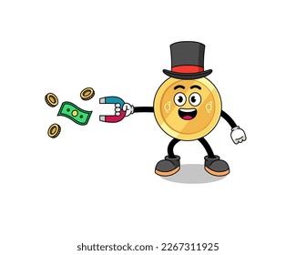 Ilustración de personajes de dong vietnamita capturando dinero con un imán, diseño de personajes