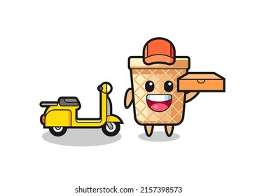 Character Illustration of waffle cone as a pizza deliveryman , cute design