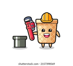 Character Illustration of waffle cone as a plumber , cute design