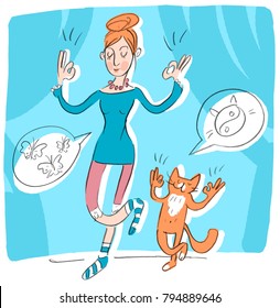 Character illustration with woman, cat and yoga