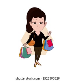 character illustration of a woman posing with lots of paper bags containing discounted grocery items that she is buying. Vector cartoons that can be used for caricature or mascot, isolated.