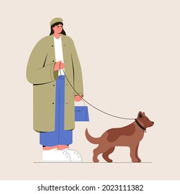 Character illustration of a woman walking with a dog