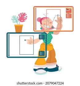 Character illustration young woman graphic designer working in graphic programmes