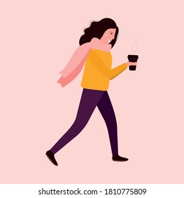 Character illustration.Happy woman walking with coffee cup. 