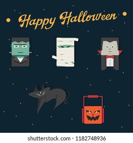 Character illustrations of Dracula, Frankenstein, Mummy, a cat familiar and a pumpkin for Halloween cards.