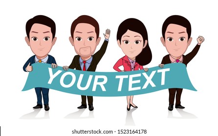 character illustrations of some office staff posing carrying banner text templates. Vector cartoons that can be used to caricature templates with plain backgrounds.