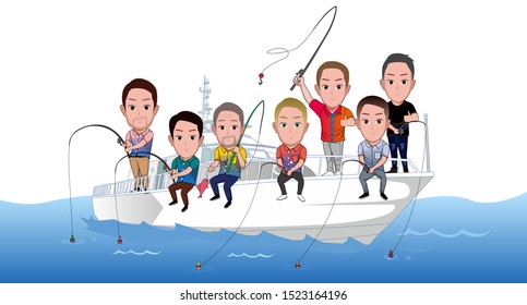 character illustrations, some people are fishing on a yacht with colleagues and business partners. Vector cartoons that can be used to caricature templates with plain backgrounds.