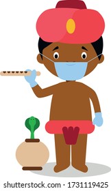 Character from India dressed in the traditional way as a snake charmer and with surgical mask and latex gloves as protection against a health emergency