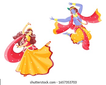 Character of Indian God  Krishna and Radha performing traditional dance on yellow background.