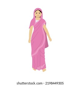 Character Of Indian Woman Wearing Pink Saree In Standing Pose On White Background.