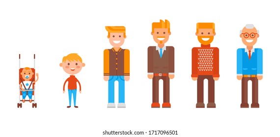 Character from infancy to old age set, vector illustration. Cartoon element, child in stroller, little ginger boy and teenager in command uniform. Guy in suit with beard, man in sweater and pensioner.