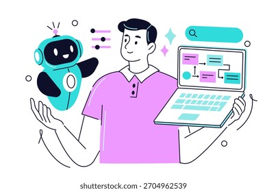 Personagem integrando ferramenta de inteligência artificial ao processo de negócios para melhorar a produtividade, tomada de decisões, automação de tarefas. conceito de transformação da IA. Ilustração de contorno de vetor.