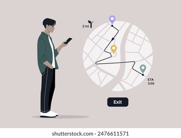 A character intently focused on their smartphone, using the GPS map with pins set along a specific route, likely navigating their way with technology