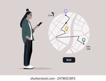 A character intently focused on their smartphone, using the GPS map with pins set along a specific route, likely navigating their way with technology