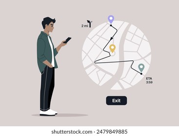 A character intently focused on their smartphone, using the GPS map with pins set along a specific route, likely navigating their way with technology