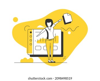 Character interacting with charts and analyzing statistics. Data visualization concept. Vector illustration to use in web and mobile app.