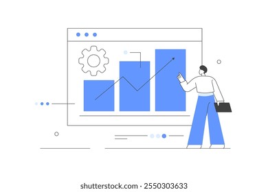 Caráter investindo dinheiro. Analisar gráficos financeiros, gráficos e diagramas e outros dados. Conceito de negociação. Analisando mercado de ações. Ilustração plana de vetor de desenhos animados, ícone. Abstrato estiloso