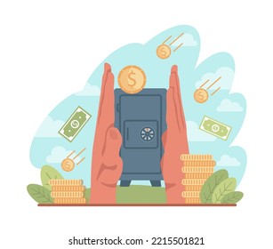 Character investing money. Modern ways of saving cash, investing in NFT, crypto-currency and bank deposit. Financial well-being idea. Flat vector illustration