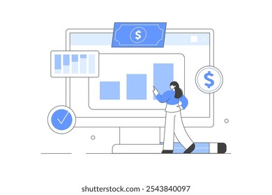 Character Invoice Online, Analyzing Financial Data. Computer Monitor Market Growth Analysis Research Report. Income Management Concept. Vector Illustration, icon. Stylish, Minimalist 