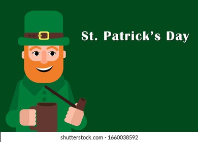 Character Irish man with a pipe and a mug of beer smiling on a green background. Flat Vector illustration of a banner for St. Patrick's Day with racy leprechaun in a green coat and hat - derby.