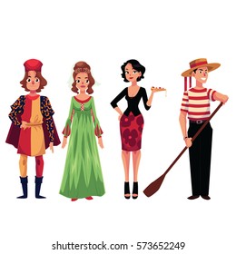 Character from Italy dressed in the traditional way as a Venice gondolier eating pizza. Vector Illustration. Kids of the World Collection.