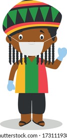 Personaje de Jamaica vestido de manera tradicional con rastas y con máscara quirúrgica y guantes de látex como protección contra una emergencia de salud