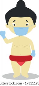 Character from Japan dressed as a sumo wrestler and with surgical mask and latex gloves as protection against a health emergency