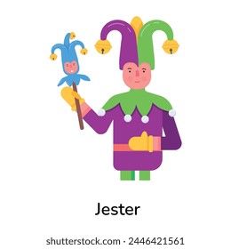 Character in a jester costume, flat icon 