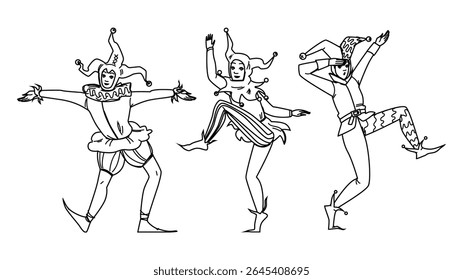 personagem jester medieval vetor. homem traje, reino histórico, camponês personagem do meio jester medieval personagem. pessoas linha preta lápis desenho ilustração