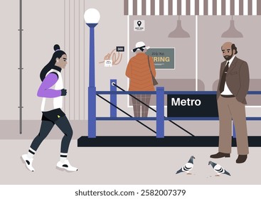 A character jogging briskly near a bustling metro entrance, surrounded by curious pigeons and onlookers, all contributing to the vibrant city atmosphere